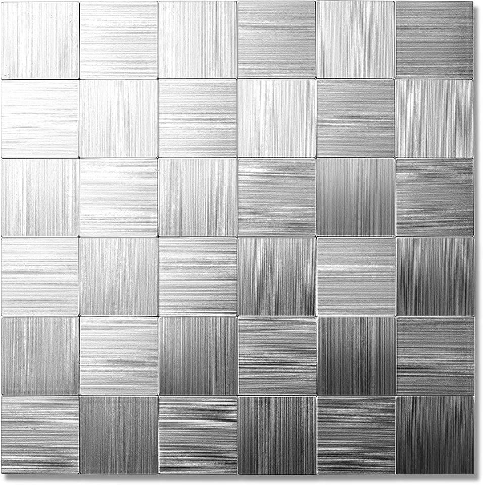 Yipscazo 10 Sheet Peel and Stick Backsplash Mosaic Tiles Stainless Steel Metal Look Kitchen Backsplash Stick on Tiles for Stove, Bathroom, Laundry in Silver (11.8'' x 11.8'')
