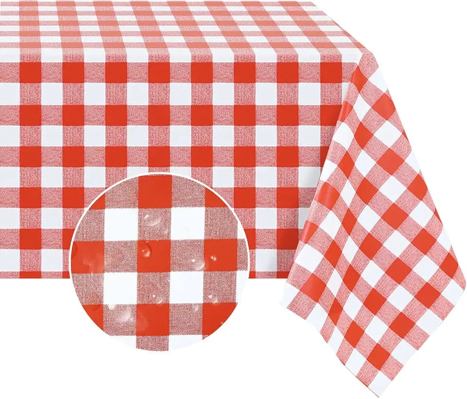 Romanstile Square Vinyl Tablecloth, 100% Waterproof Buffalo Gingham Plastic Table Cloth, Heavy Duty Wipeable Checkered Table Covers for Outdoor, Camping, Picnic, Patio - 60 x 60, Red and White