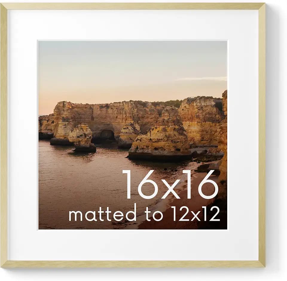 HAUS AND HUES 16x16 Gold Metal Picture Frame Matted to 12x12 - Features Premium Aluminum & Hanging Hardware, Shatterproof Plexiglass - Ideal for Home, Office (16x16 in, Gold, Set of 1)