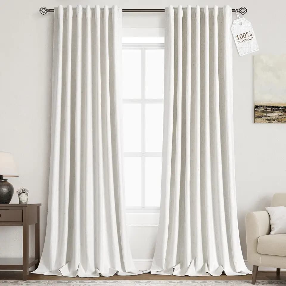 Nanspring Linen 100% Blackout Floor to Ceiling Extra Long Curtains 96 Inches Long for Bedroom 8ft Back Tab Cream Farmhouse Decor Black Out Curtain for Living Room Ivory Natural Drapes 52x96, 2 Panels