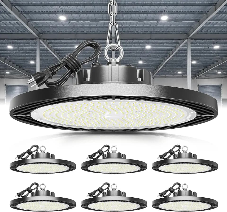 ELEKICO 200W UFO Led High Bay Light| 5000K 30000LM High Bay Led Shop Lights with 5ft Cable Hanging Hook Safe Rope| Shop Light & Garage Lighting Lights for Factory Workshop Warehouse Garage Barn