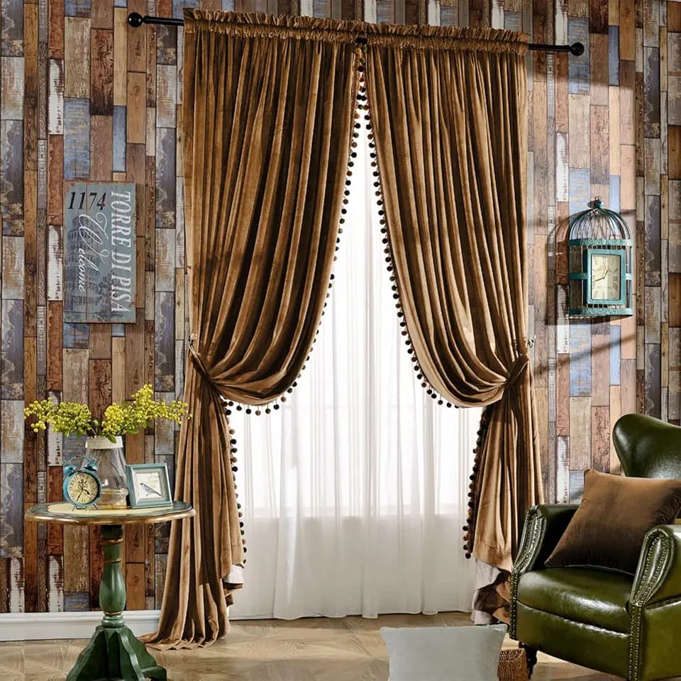Melodieux Luxury Pom Poms Velvet Curtains for Bedroom Living Room, Vintage Room Darkening Rod Pocket Window Decorative Drapes, 52" W x 84" L, Golden Brown (2 Panels)