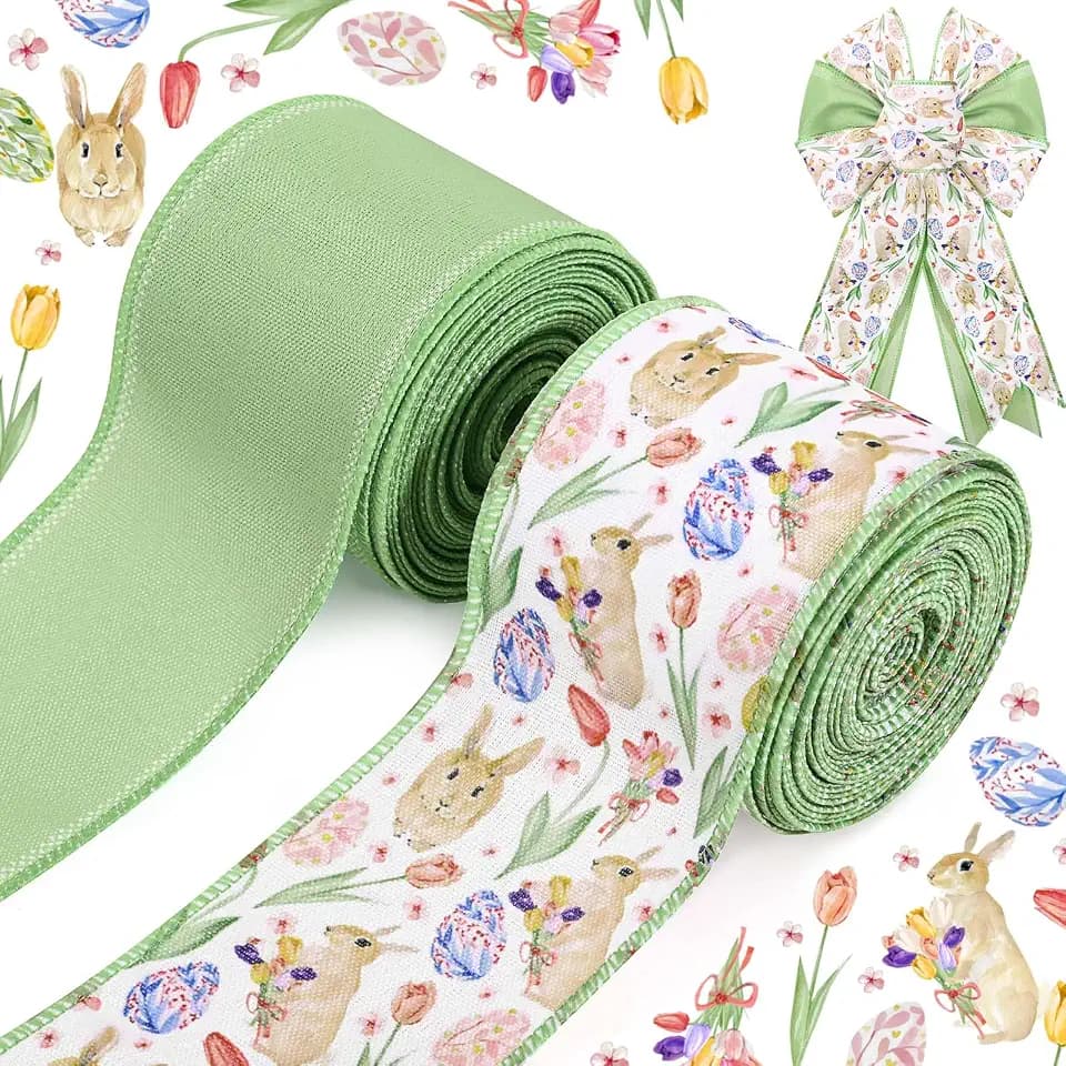 2 Rolls Easter Wired Edge Ribbon Watercolor Green Easter Bunny Tulip Eggs Printed Fabric Ribbon for Gift Wrapping Bow Wreath Making Craft Supplies for Spring Holidays