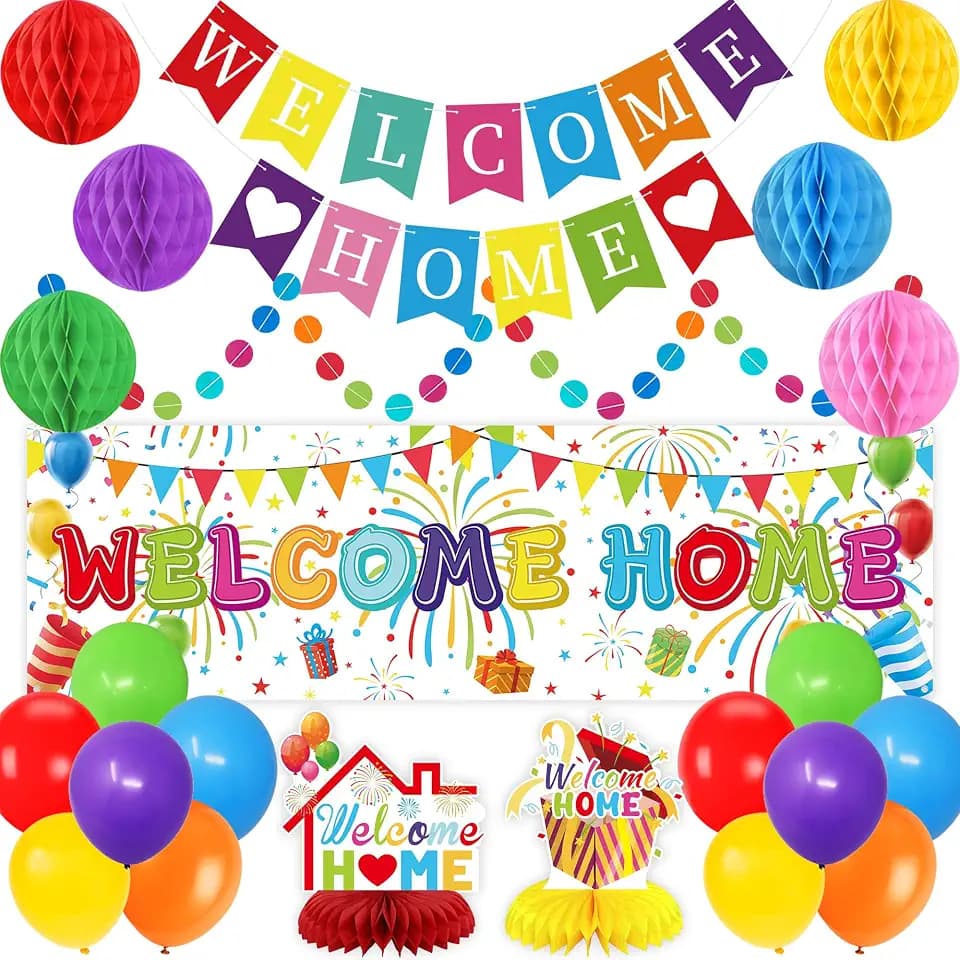 Holkcog Welcome Home Party Decorations, Welcome Back To Home Sign, Colorful Glitter Banner, Ballons, Honeycomb Ball for Wall, Colorful Family Party Supplies, We Missed You So Much Decorations