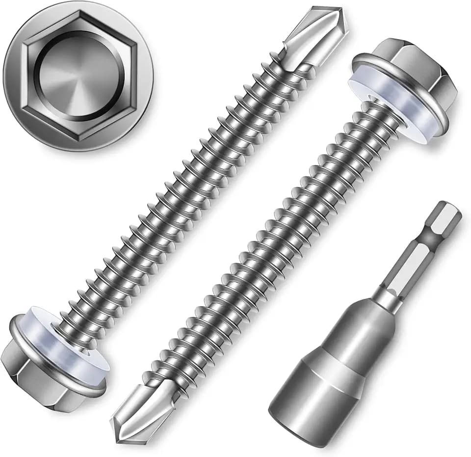 50Pcs #12 x 2 Sheet Metal Screws, 410 Stainless Steel Self Drilling Hex Washer Head Self Tapping Screws for Metal with Drill Bit