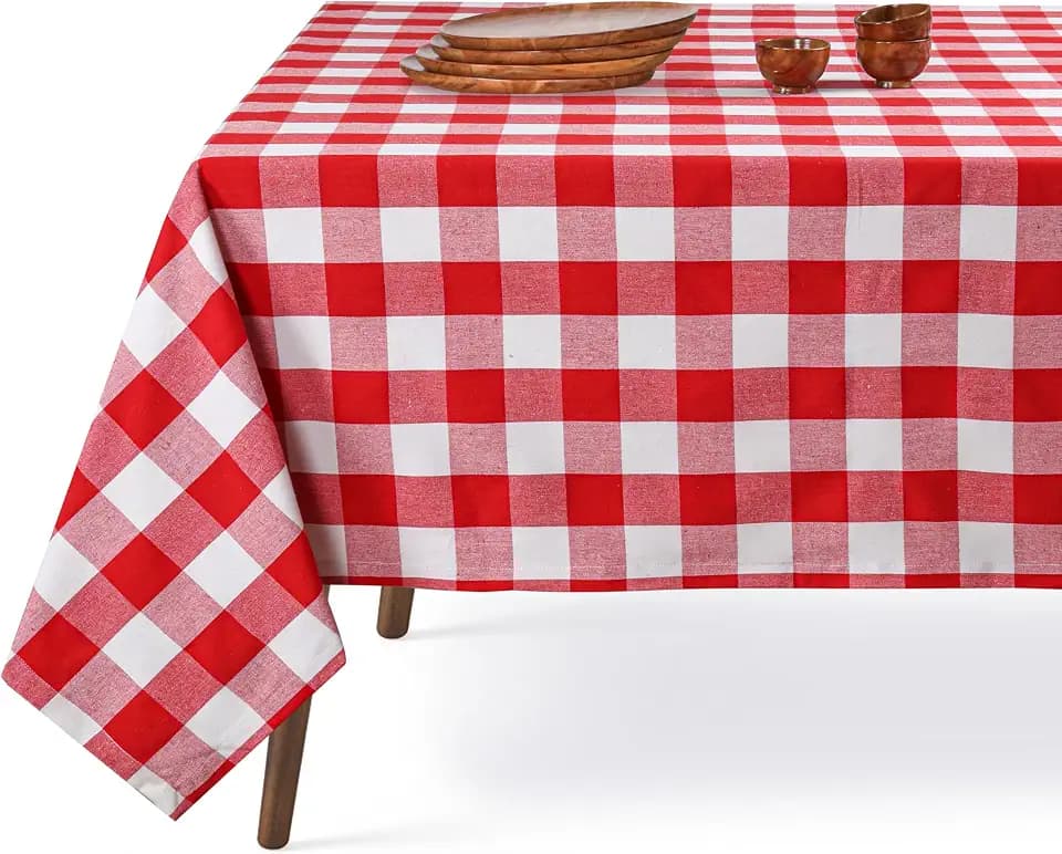 Native Fab Buffalo Check Tablecloth, 100% Cotton, 60x102 Inches, Rustic Farmhouse Dining Table Cover, Perfect for Christmas, Holiday, Dinner, Indoor Outdoor Décor, Red and White
