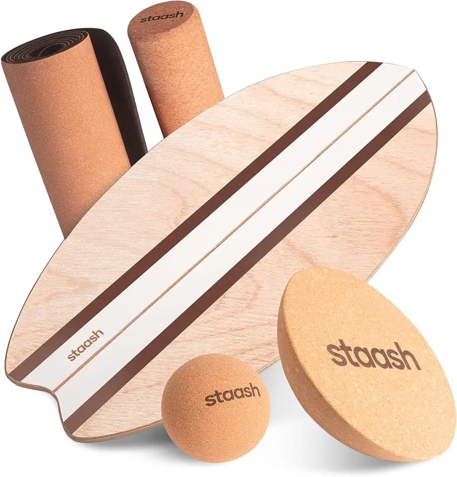 STAASH® Balance Board Full Kit – Premium Birch Wood Trainer with Cork Roller, Balance Disc, Massage Ball & Anti-Slip Mat – Core Strength, Surf, Snowboard & Rehab Training – All-In-One Set