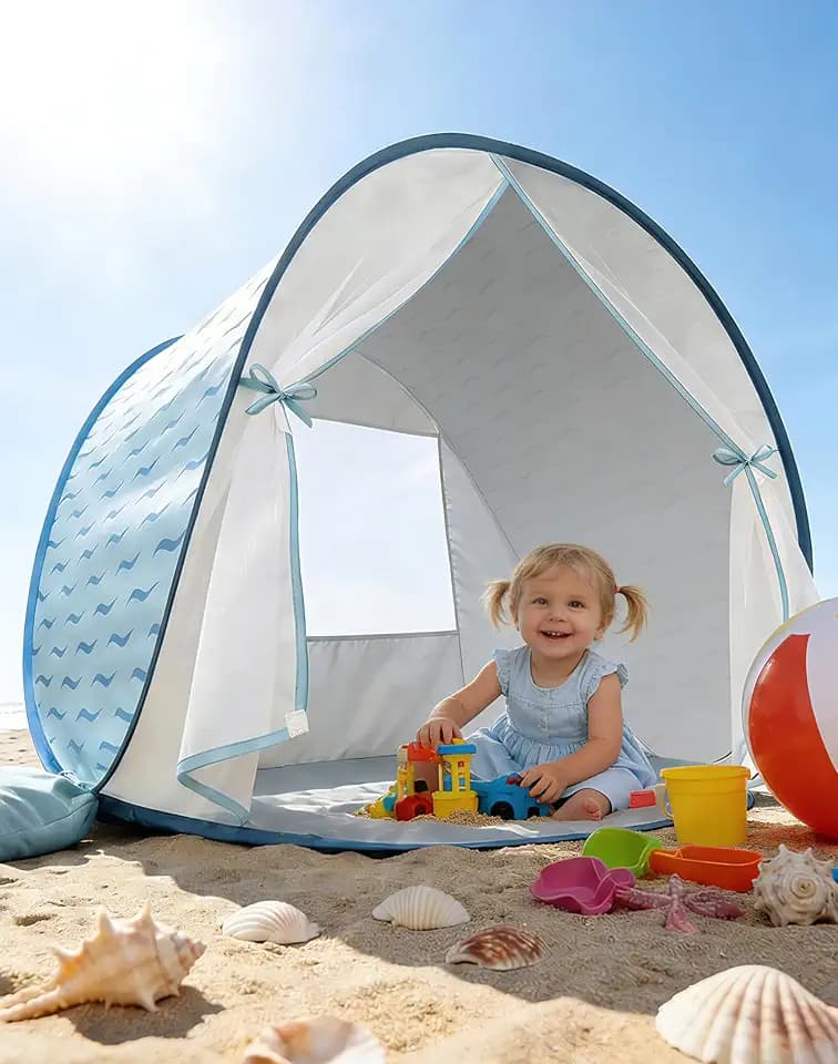 Pop-Up Baby Beach Tent UPF 50+ with Mosquito Net, Rear Vent, Sand Pockets