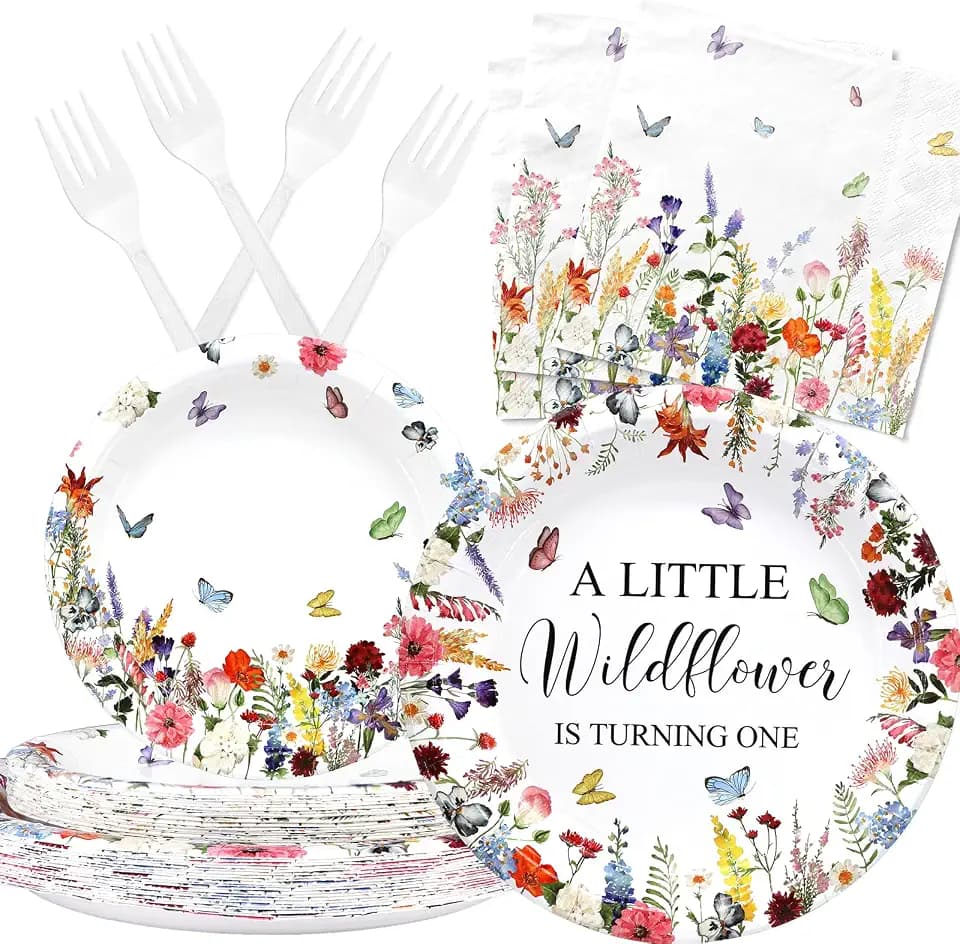 One Little Wildflower Birthday Party Supplies for 20 Guests – Floral 1st Plates Napkins and Forks – Wildflower 1st Birthday Disposable Tableware Set