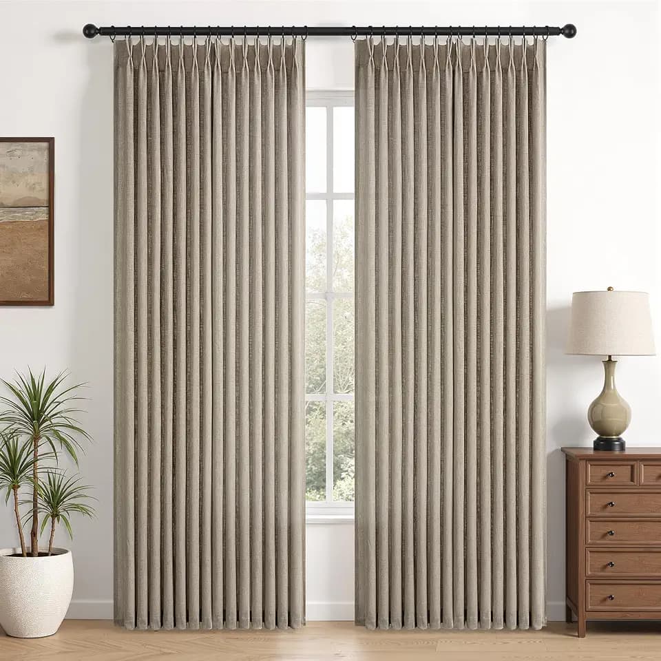 105 inch Pinch Pleated Linen Curtains 2 Panels for Living Room Bedroom Burlap Taupe Burlywood Rustic Farmhouse Custom Back Tab Light Filtering Semi Sheer Memory Trained Pinch Pleat Curtain Drapes
