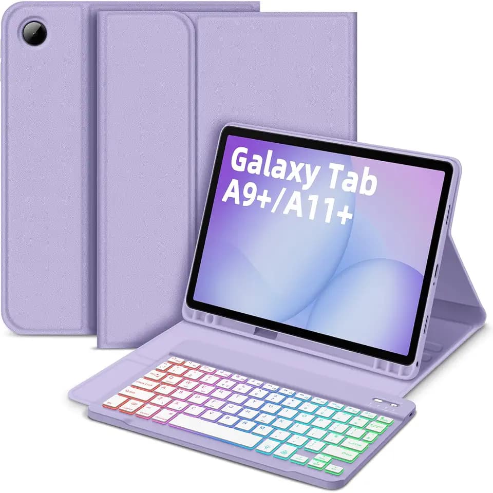 Bettdow für Samsung Galaxy Tab A11+/A9+ 11" Tastatur Hülle, Deutsch QWERTZ Layout Abnehmbarer Beleuchtete Tastatur, Hülle mit Stifthalter für Galaxy Tab A11 Plus 2025/A9 Plus 2023 11 Zoll, Lila