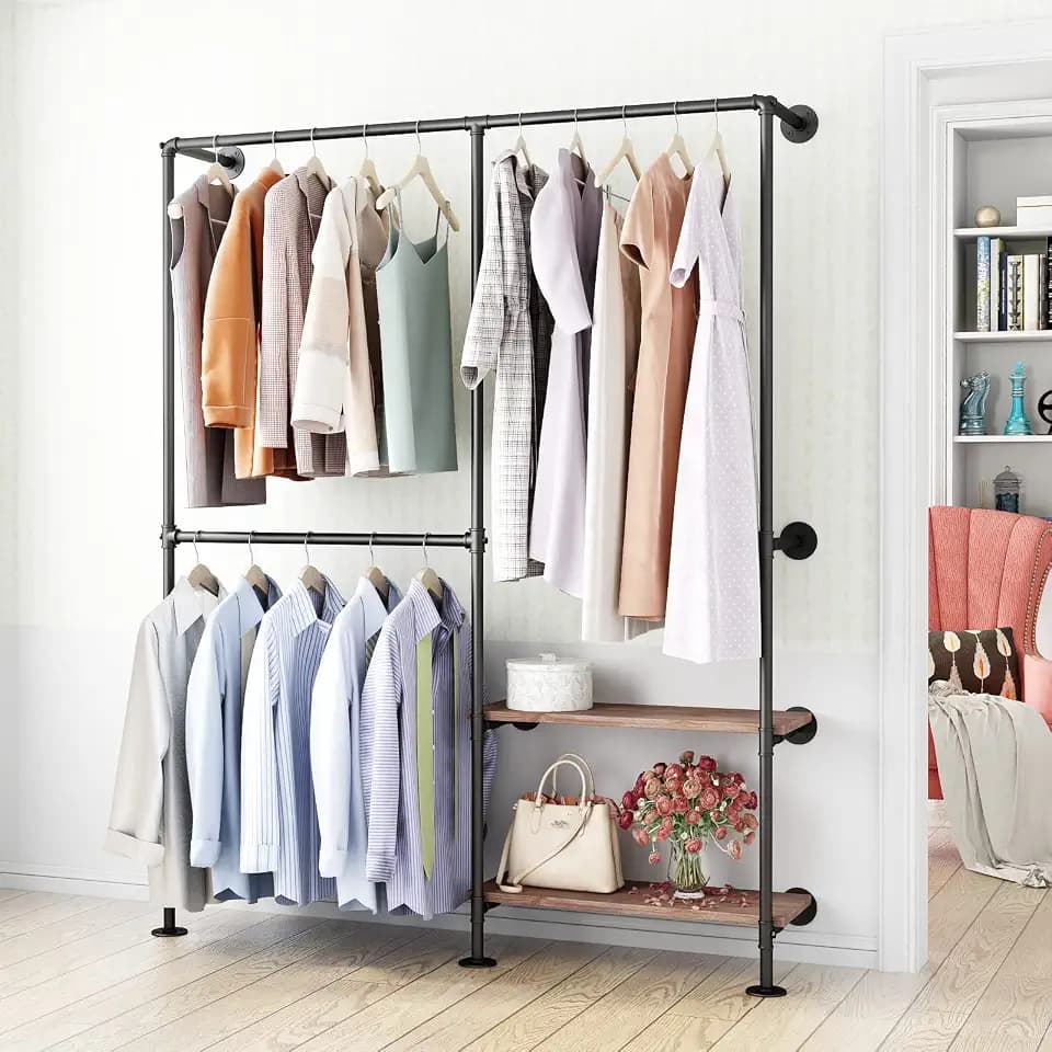 Industrial Pipe Clothes Racks with Black Shelves, Industrial Pipe Black Clothing Rack with Double Hanging Rods, Heavy Duty Wall Mounted Clothing Rack Rod for Closet Storage, Bedroom