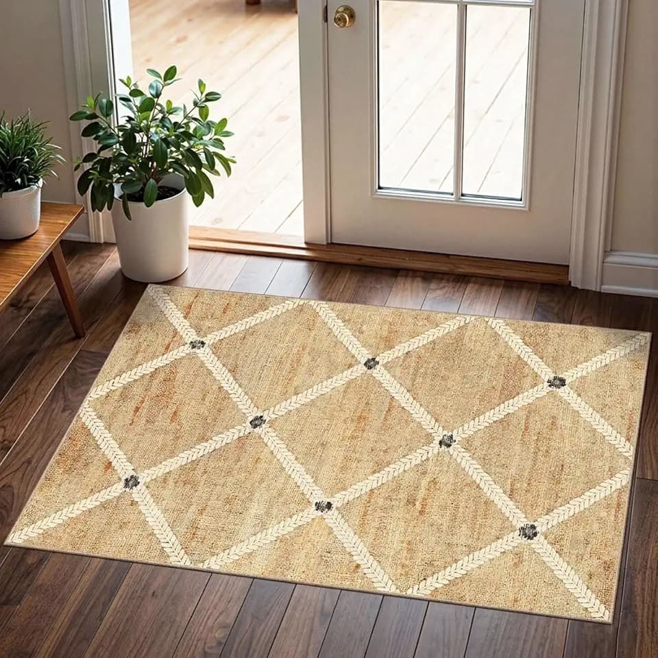 Indoor Front Door Mat, 2x3 Neutral Cottage Geometric Front Door Rug