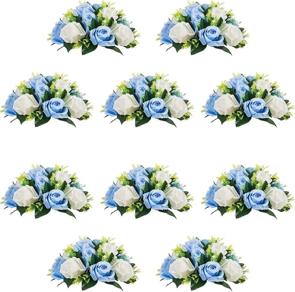 10Pcs Artificial Rose Balls for Centerpieces (Blue & White)