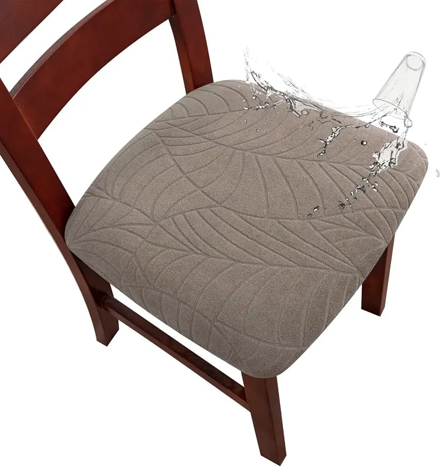 Genina Waterproof Seat Covers for Dining Room Chairs, Stretch Chair Seat Covers Removable Washable Dinning Room Kitchen Chair Cushion Slipcovers (Leaves-Taupe, 6 PCS)