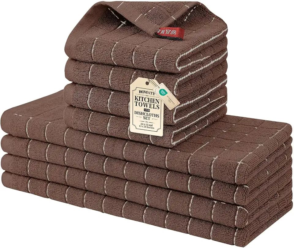 Homaxy Cotton Terry Kitchen Towels and Dishcloths Set of 8, Brown