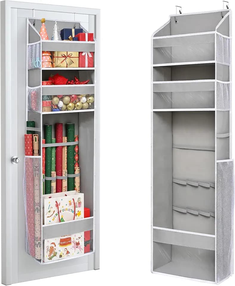 Ordovibe Wrapping Paper Storage Organizer – Over The Door Hanging Gift Wrap Holder for 15-30" Rolls, Space Saving Closet Organizer for Christmas, Halloween, Birthday with Side Mesh Pockets Gray