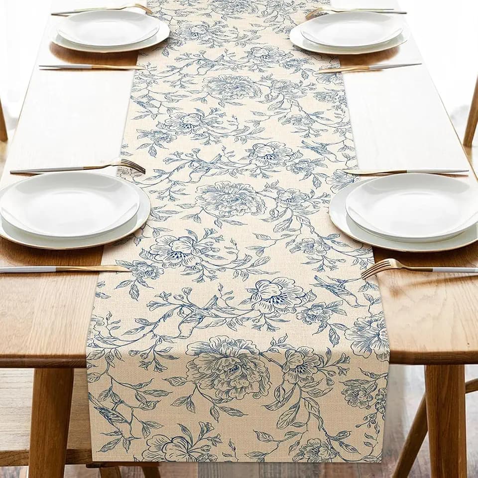 Vintage Floral Dining Table Runner, Retro Blue Flowers Peony Burlap