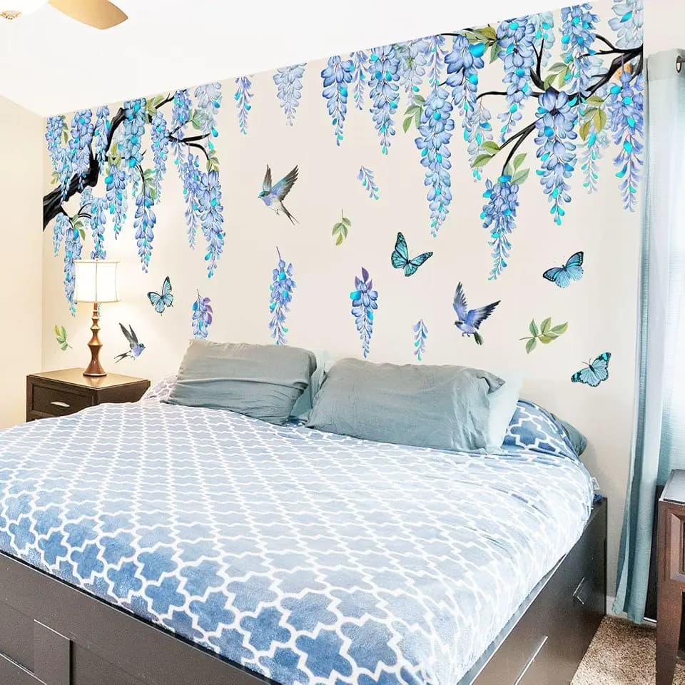 Blue Cherry Blossom Tree Wall Decals Bling Bling Glitter Flower Wall Stickers Peel and Stick Decor for Kids Bedroom Living Room (Blue Bling)