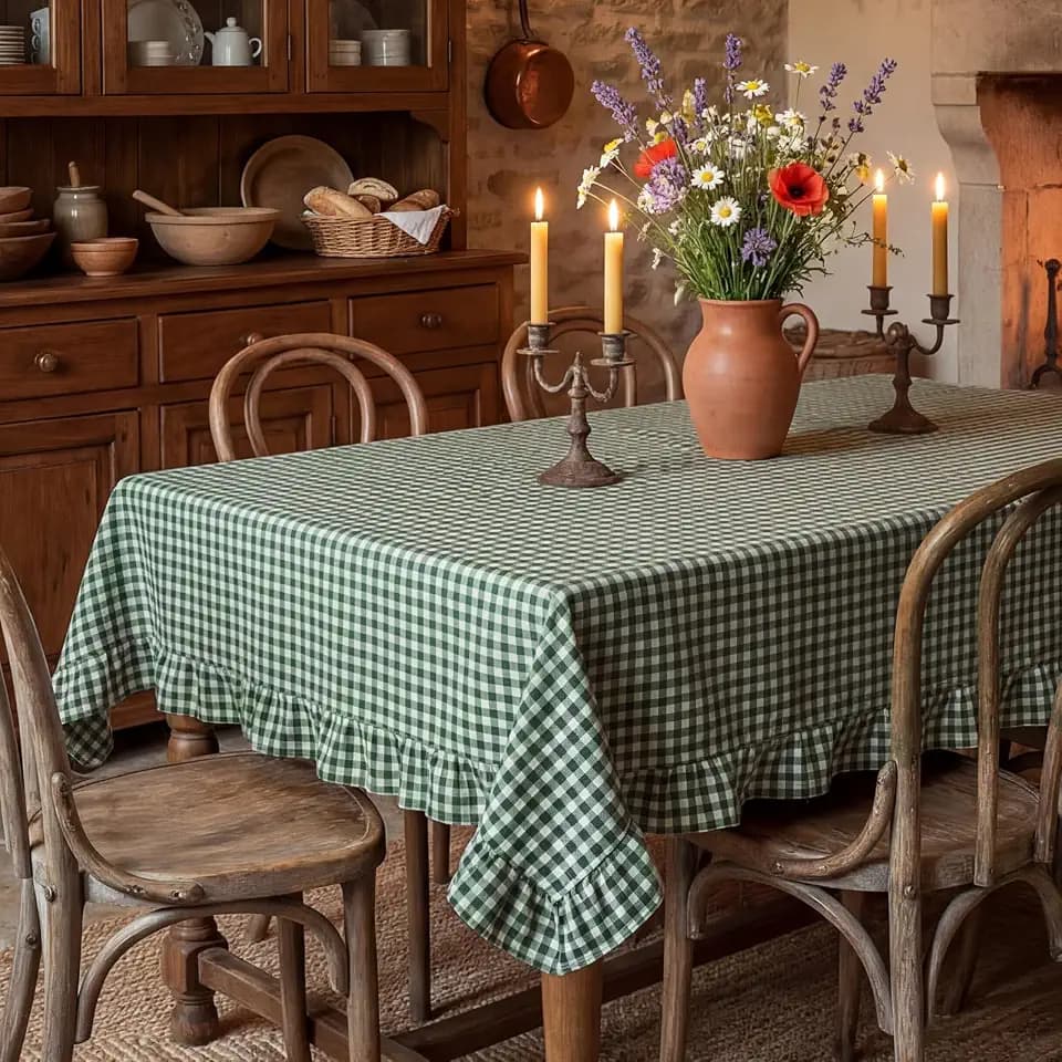 Mindsoft Green Gingham Ruffled Tablecloth, 52 x 70 Inches, Rectangle