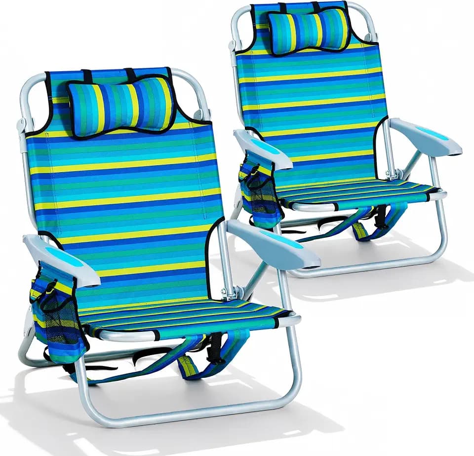2PCS Portable Beach Chair for Adults, Outdoor Lightweight Camping Chair, 5-Position Lay Flat Reclining Backpack Beach Chair with Headrest, Cup Holder, Zipper Pouch & Storage Pocket, Striped