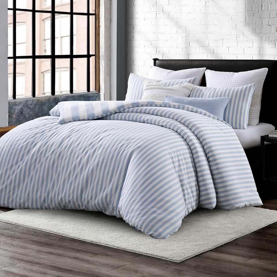 DKNY Full/Queen Comforter Set - 3-Piece Vintage Washed Cotton - Reversible Striped Bedding - Light Blue