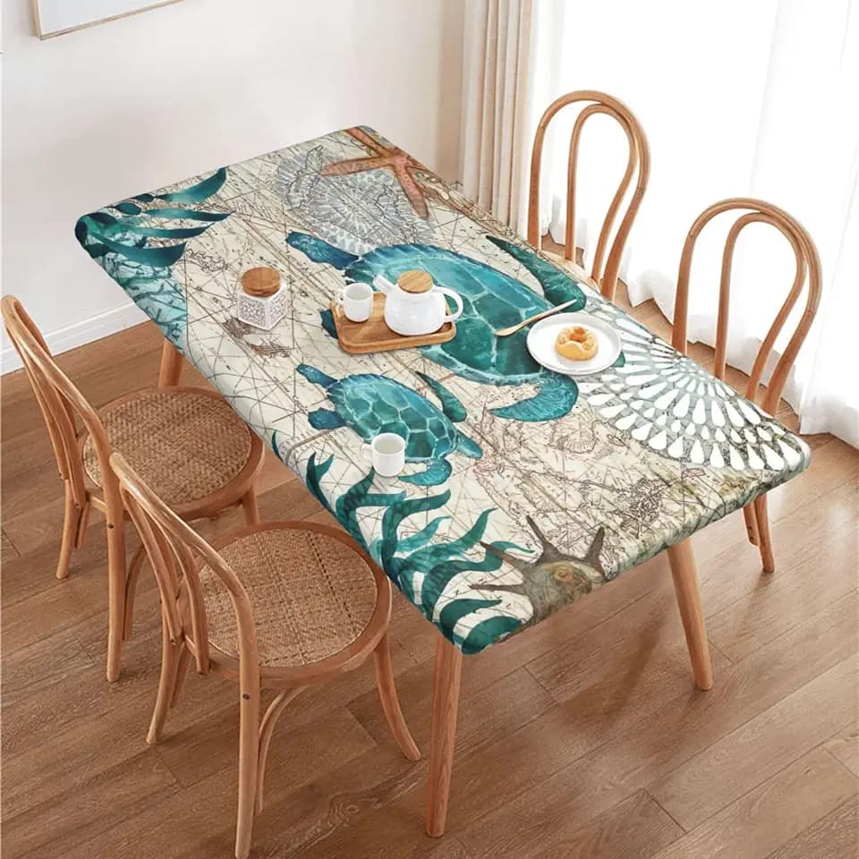 Fiokroo Sea Turtle Ocean Life Hawaii Tablecloth with Elastic Edge for 4ft Rectangle Table, Table Cloth Washable Table Cover for Kitchen Dining Party Outdoor Picnic Decoration, 48" L X 30" W