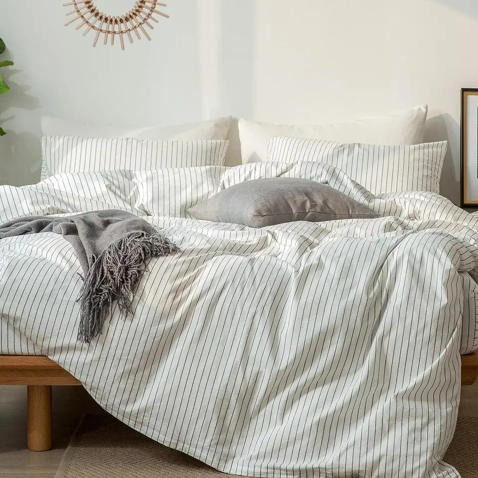 MooMee Striped Duvet Cover Set 100% Washed Cotton Linen Like Oversized Full