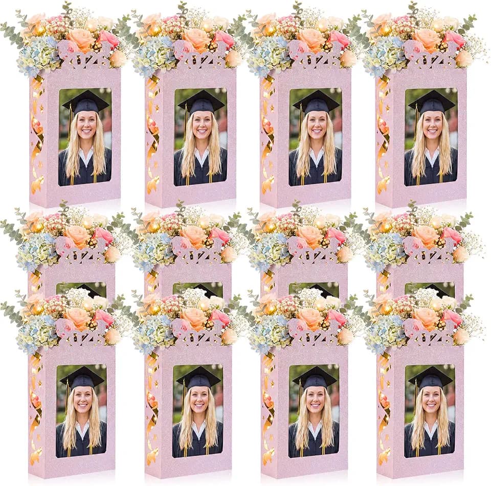 Spiareal 12 Sets Graduation Box Centerpieces for 4" x 6" Photo Class of 2026 Table Decoration Pink Picture Frame Display Boxes with String Lights Congrats Grad Party Favor High School College Gift