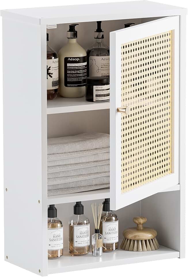 HITNET Medicine Cabinet, Rattan Bathroom Wall Cabinet Over Toilet, Bamboo Space Saver Storage Organizer with Door and Shelf for Living Room, Kitchen, Entryway, White