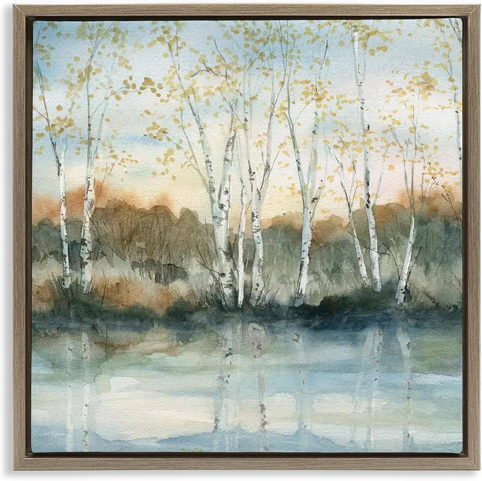 Quaint Birch Tree Reflections, 24 x 24 Inch Canvas in Floater Frame