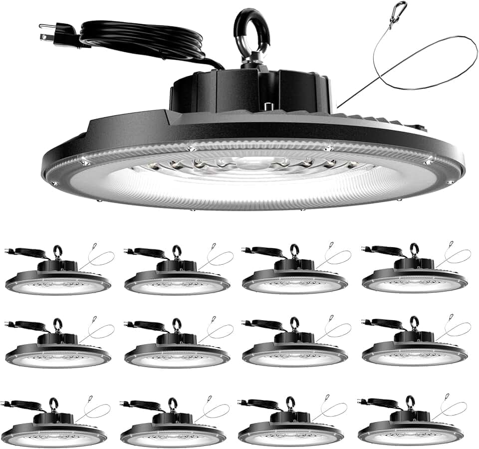 UFO LED High Bay Light 200W 12 Pack 5000K 30000LM High Bay LED Shop Light with Plug Alternative to 800W MH/HPS for Warehouse Garage Workshop, AC100-277V。