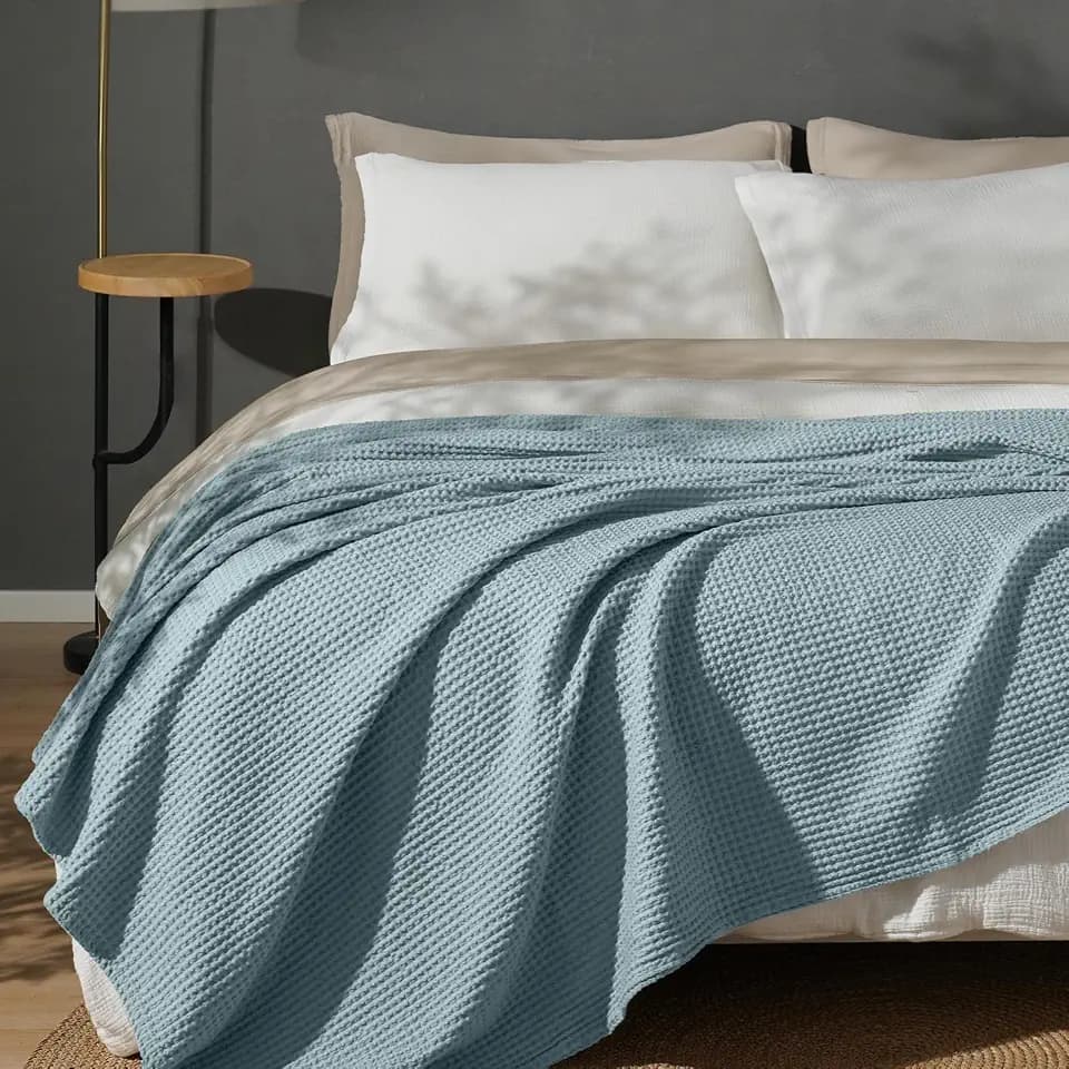 PHF 100% Cotton Waffle Blanket Lightweight Breathable, Twin Size, Ocean
