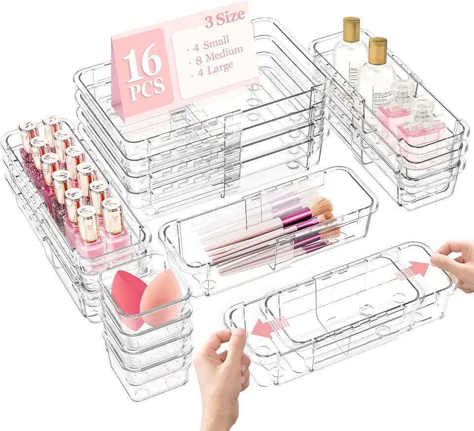 DILIBRA 16 Pcs Clear Extendable Drawer Organizer, 3-Size Adjustable