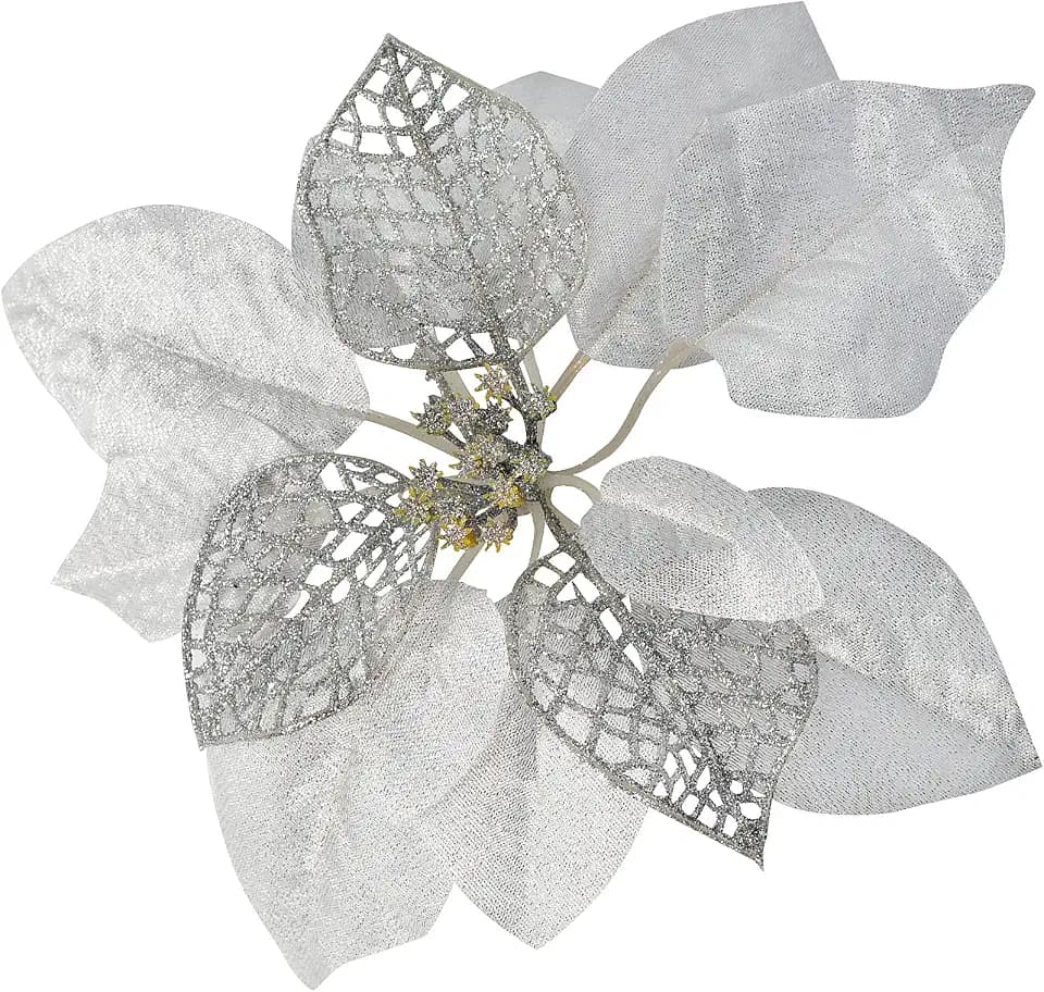 JOHOUSE 16PCS Christmas Glitter Flowers, Artificial Christmas Flowers Christmas Poinsettia Flowers for Christmas Tree Wreaths Ornaments (Silver)