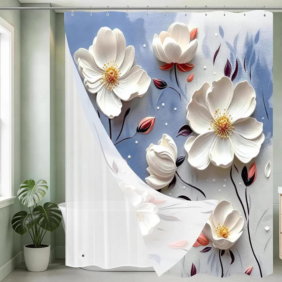 Chrainy 3 in 1 Double Layer Blue Floral Shower Curtain and Liner Set