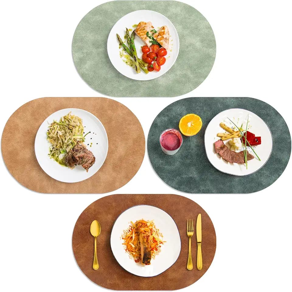 ADRIMER Oval Placemats Set of 4, Wipeable Faux Leather, 4 Colors
