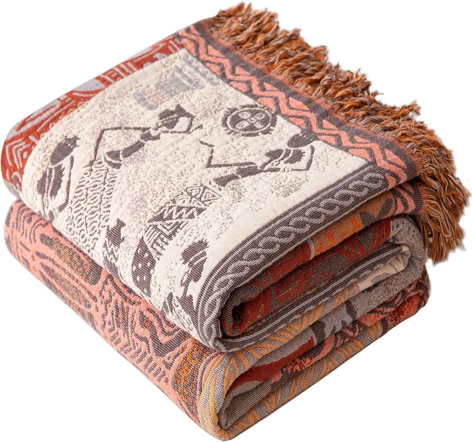 Phuryllic Boho Throw Blanket Twin Size, Soft Cozy Cotton Muslin Quilt Blanket for Bed Decor, Patchwork Block Couch Sofa Chair Cover, Vintage Farmhouse Cottage Tapestry Woven Blanket, Red&Orange