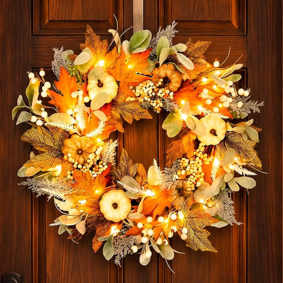 24in Pre-lit Front Door Fall Wreath,for Thanksgiving Home Decor