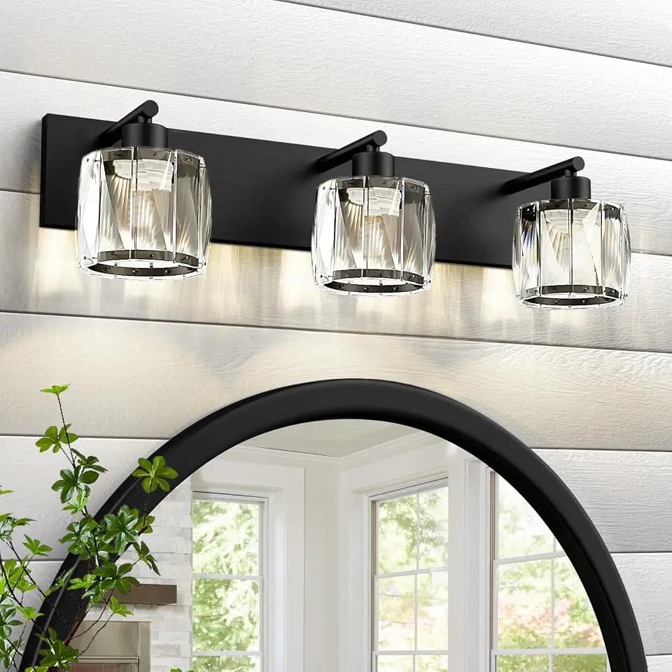 VOLISUN Crystal Vanity Lights for Bathrooms, 3 Light Bathroom Vanity Light, Modern Matte Black Bathroom Light Over Mirror, Black Bathrooms Lights Fixtures-UL Certificated(Exclude Bulb)