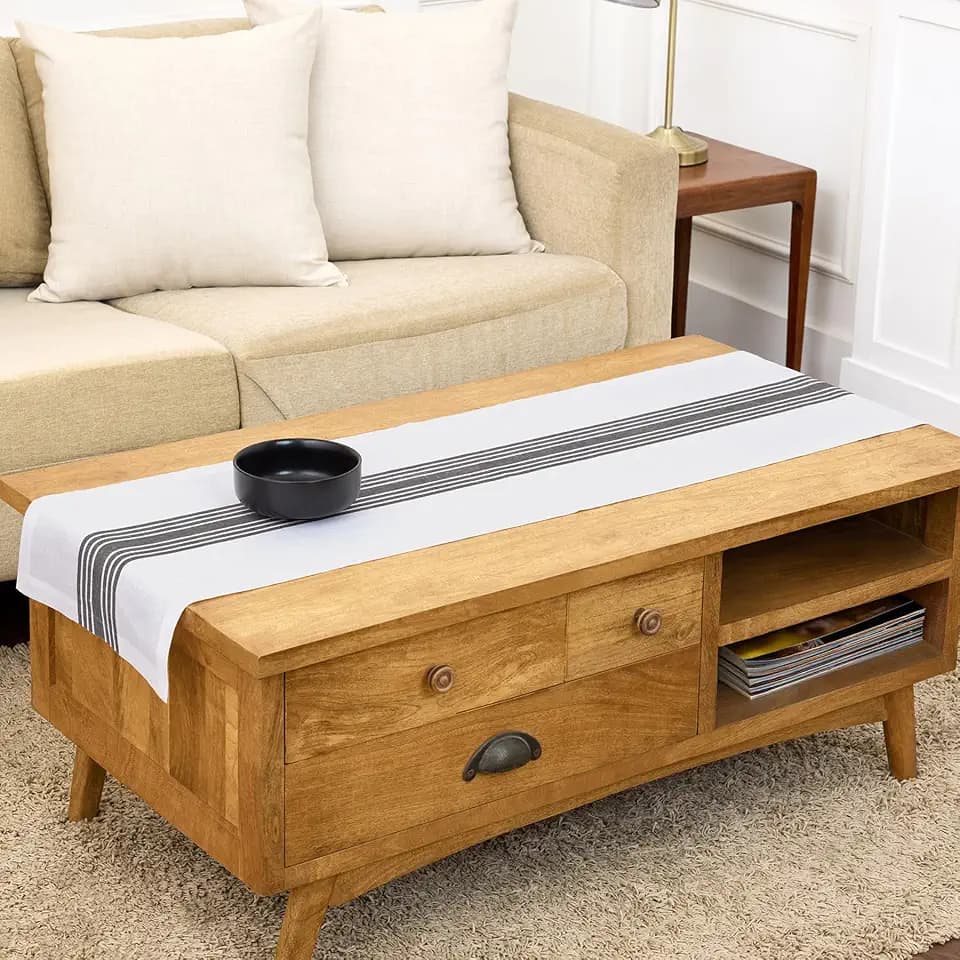 Solino Home 100% Linen Table Runner, 14 x 60 in, Black and White Striped