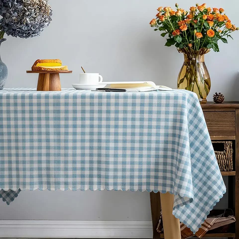 Blue Gingham Tablecloth,Cotton Heavy Weight Ruffled Edge Table Cloth Washable Wrinkle Free Rustic Buffalo Plaid Table Cover for Dining, Kitchen, Party, Home 102 x 60 Inch