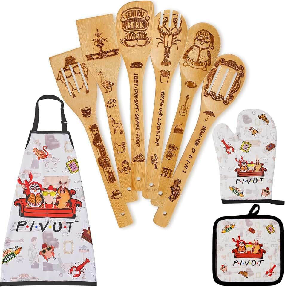 Gifts for Women,Friends Merchandise Wooden Cooking Spoons with Apron Oven Mitt Potholder,Best Birthday Wedding Housewarming Christmas Presents, Kitchen Decor (Friends tv spoon+++)