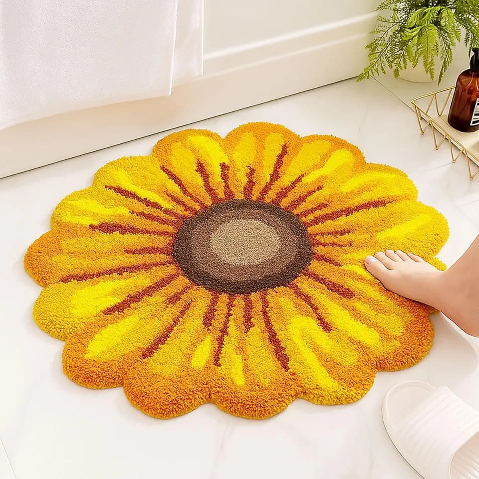 Sunflower Rug Mat, Floral Non-Slip Bathroom Floor Mat, Soft Microfiber Washable Carpet for Bedroom, Kitchen, Living Room, Yellow Flower Area Rug, Fast Drying
