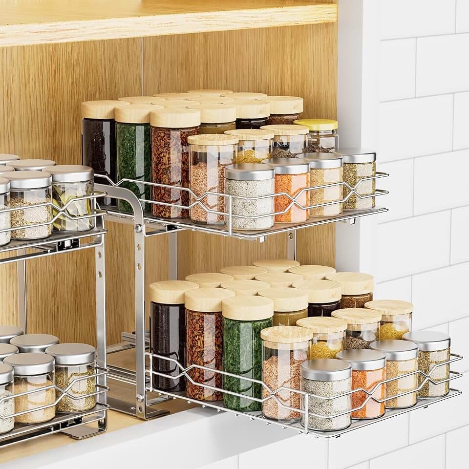 RCHYFEED Pull Out Spice Rack, 2 Tier Height Adjustable Vertical Spice Rack