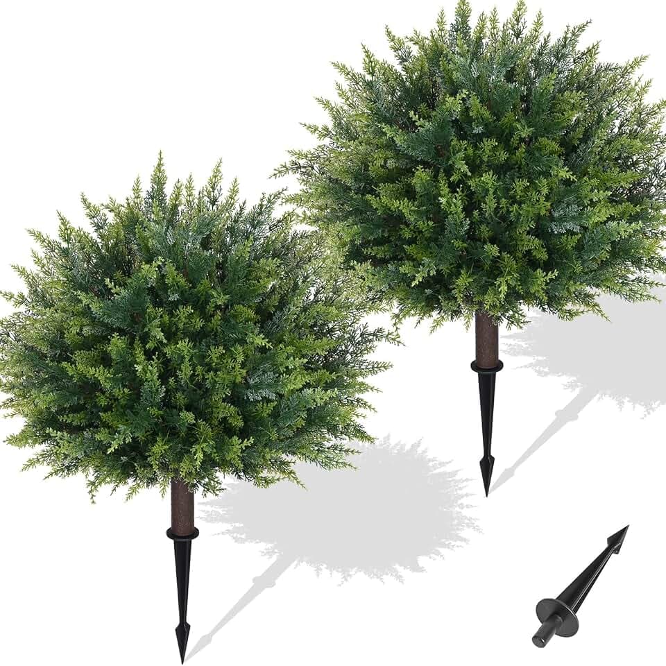 Artificial Plants Outdoor, Fake Bushes, 23'' Artificial Cedar Topiary, 2Pcs