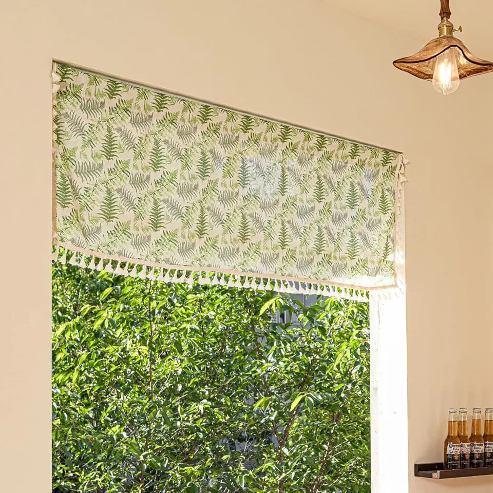 Deeprove Sage Green Boho Valance Window Curtain 18 Inch with Tassels Over Sink Fern Leaf Print KitchenSheer Short for Cafe Closet Farmhouse Chic Vintage Country Style Drape Decor 1 Panel 52W x 18L
