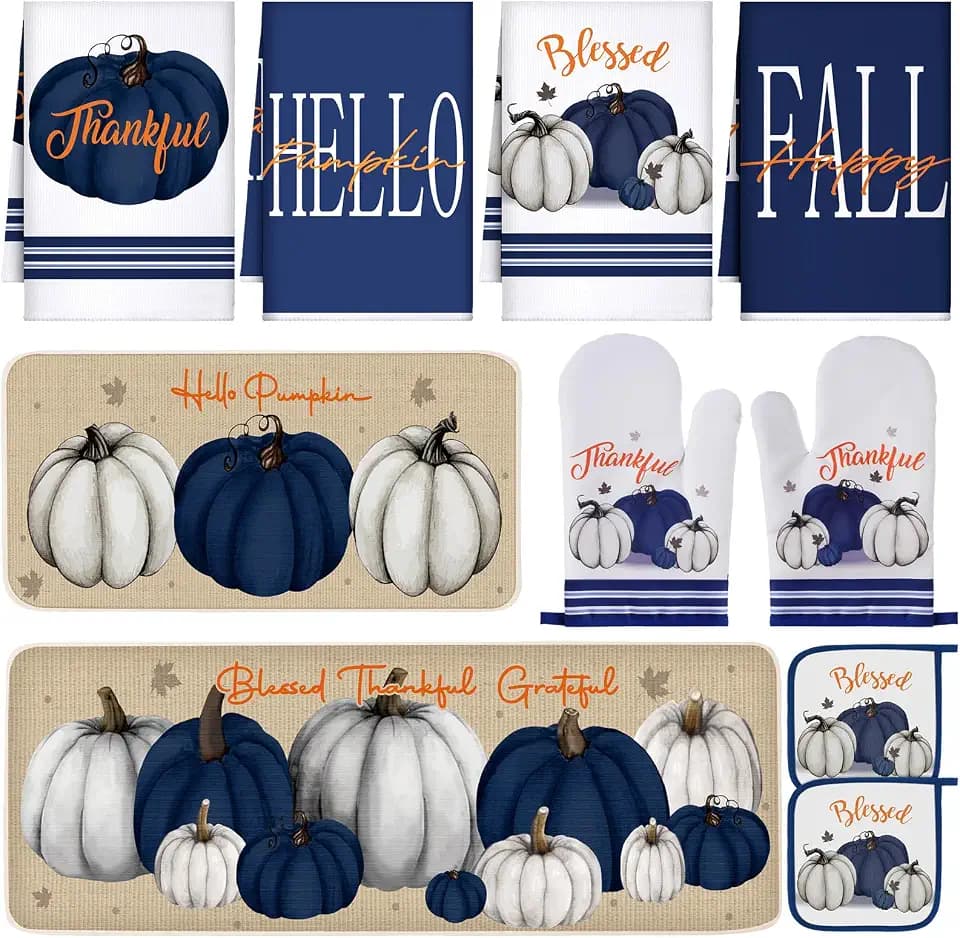 Fanfanwin 10 Pcs Fall Thanksgiving Pumpkin Kitchen Decor Set Blue White