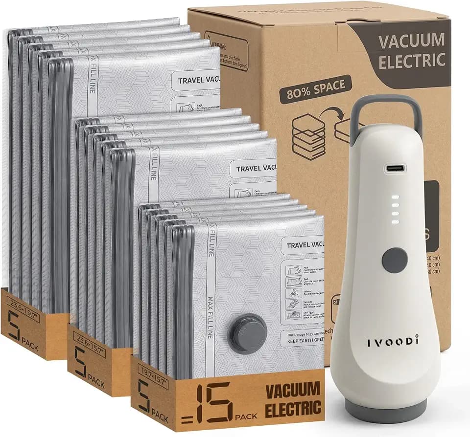 Travel Vacuum Bags with Electric Pump, 80% Space Saver, 15-Piece