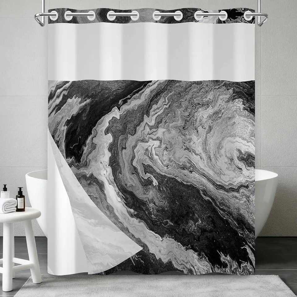 Black Grey Marble Shower Curtains for Bathroom, Waterproof Double Layers Fabric No Hook Shower Curtain and Liner Set with Top Mesh Window, Abstract Ombre Modern Luxury Bathroom Curtain, 71x74 Inch